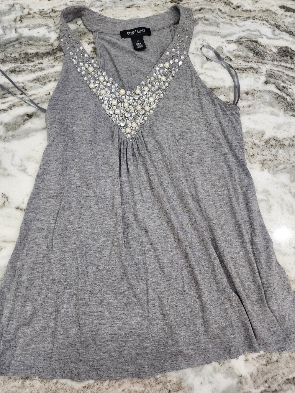 White House Black Market Gray V-Neck Embellished Tank Top